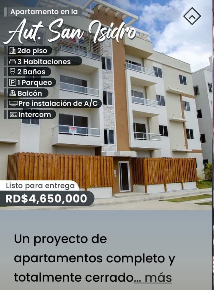 Apartamento en San Isidro. 85 mts. 3H, 2B, 1P. Nuevo, sin estrenar